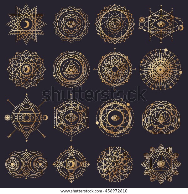 Sacred Geometry\
Forms with Eye, Moon, Sun. Vector illustration. Geometric Logo\
Design, Spirograph Lines. Alchemy Symbol, Occult and Mystic Sign.\
Shiny Gold on Black\
Background.