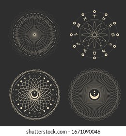 Sacred Geometry Forms with Eye. Vector illustration. Geometric Logo Design, Spirograph Lines. Alchemy Symbol, Occult and Mystic Sign. vector trend