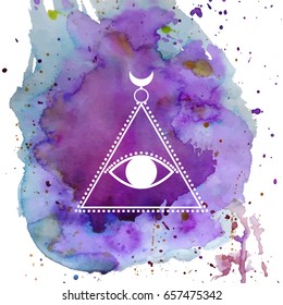 Sacred geometry forms. Magical totem. Alchemy, religion, philosophy, hipster elements and logo. Bohemian ethnic symbol on watercolor background