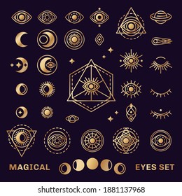 Sacred Geometry Forms with Moon and Sun. Vector illustration. Geometric Logo Design, Alchemy Symbol, Occult and Mystic Sign. Shiny Gold on Black Background. Masonic Eye inside triangle pyramid,