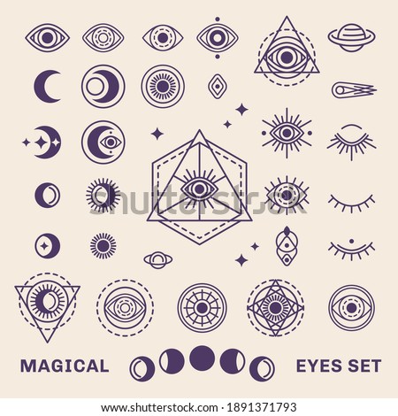 Sacred Geometry Forms with Moon and Sun. Vector illustration. Geometric Logo Design, Alchemy Symbol, Occult and Mystic Sign Isolated on White Background. Masonic Eye inside triangle pyramid,