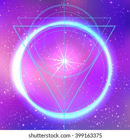 Sacred geometry forms on space background, shapes of lines, logo, sign, symbol. Geometric patterns. Geometry symbolic. Vector isolate geometric shapes. Futuristic vector illustration in neon colors.