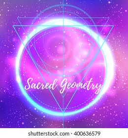 Sacred geometry forms on space background, shapes of lines, logo, sign, symbol. Geometric patterns. Geometry symbolic. Vector isolate geometric shapes. Futuristic vector illustration in neon colors.