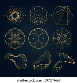 Sacred Geometry Forms, Shapes Of Lines, Logo, Sign, Symbol. Circle, Hexagon, Abstract Shapes, Isolated On Black.