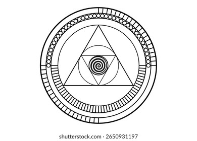 Geometria sagrada, formas geométricas Círculos e triângulos em proporção dourada, design de logotipo místico, ícone de tatuagem, símbolo maçônico, espiral mágica oculta, vetor isolado sobre fundo branco