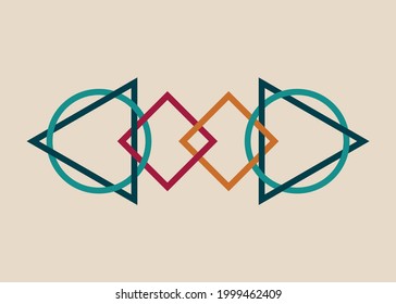 Sacred Geometry, Geometric triangles, Circle and Square logo design. Colorful Symbol of Harmony and Balance. Vector isolated on old vintage beige background