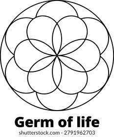 Sacred geometry germ of life symbol composed of overlapping circles black line icon isolated on plain white background for spiritual and philosophical design templates