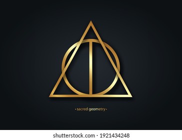 Icono del logotipo oro de la Geometría Sagrada, formas geométricas primitivas. Símbolos esotéricos de alquimia. Línea dorada de arte vector amuleto meditativo divino aislado en fondo negro