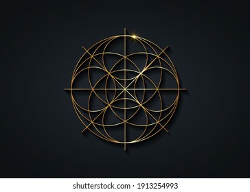 Sacred Geometry gold symbol, Seed of life sign. Geometric mystic luxury mandala of alchemy esoteric Flower of Life. Golden line art vector divine meditative amulet isolated on black background