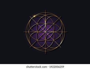 Sacred Geometry gold symbol, Seed of life sign. Geometric mystic luxury purple mandala of alchemy esoteric Flower of Life. Golden line art vector divine meditative amulet isolated on black background