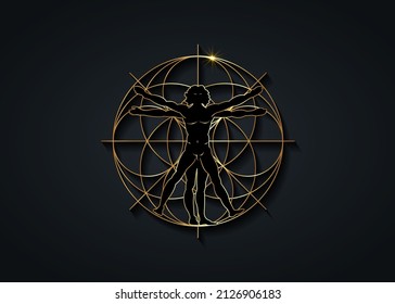 Sacred Geometry gold symbol. The Vitruvian man. Detailed drawing on the basis of golden artwork by Leonardo da Vinci, vector isolated on black background