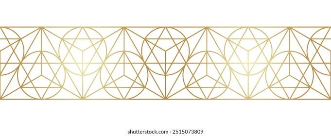 Sacred geometry gold white linear seamless border. Golden sacral geometric occult cosmic line art ornate band. EPS 10 vector design.