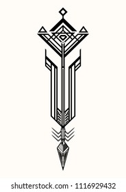 Sacred geometry. Graphic illustration of a totemic arrow of the shaman. Triangular symbol. Secret symbol of geometry. Alchemy; religion; philosophy; astrology and spirituality. Vector illustration.