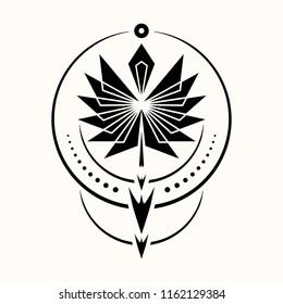 Sacred geometry. Graphic illustration of a totemic arrow of the shaman. Triangular symbol. Secret symbol of geometry. Alchemy; religion; philosophy; astrology and spirituality. Vector illustration.