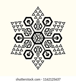 Sacred geometry. Graphic linear difficult hexagon. Space station. Secret symbol of geometry. Black geometrical tattoo. Vector illustration.