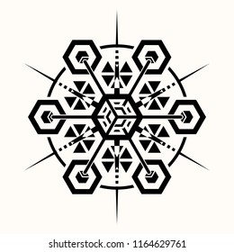 Sacred geometry. Graphic linear difficult hexagon. Space station. Secret symbol of geometry. Black geometrical tattoo. Vector illustration.