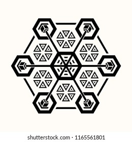 Sacred geometry. Graphic linear difficult hexagon. Space station. Secret symbol of geometry. Black geometrical tattoo. Vector illustration.