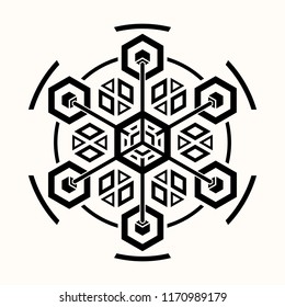 Sacred geometry. Graphic linear difficult hexagon. Space station. Secret symbol of geometry. Black geometrical tattoo. Vector illustration.