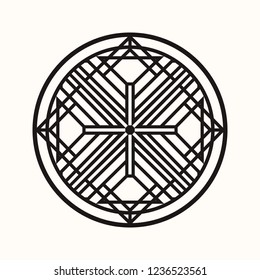 Sacred geometry. Graphic linear rhombus concluded in a circle. Secret geometrical symbol.  Labyrinth of illuminates. Cross of masons. Black ethnic totemic geometric tattoo. Vector illustration.