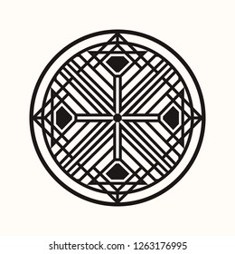 Sacred geometry. Graphic linear rhombus concluded in a circle. Secret geometrical symbol.  Labyrinth of illuminates. Cross of masons. Black ethnic totemic geometric tattoo. Vector illustration.