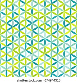 Sacred geometry green blue cyan gradient flower of life texture on white background. Seamless pattern. Abstract vector overlapping circle ornament illustration.