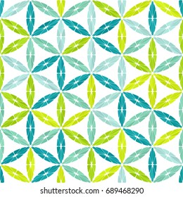 Sacred geometry green blue cyan gradient flower of life texture on white background. Seamless pattern. Abstract vector overlapping circle ornament illustration.