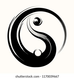 Sacred Geometry. Hand Drawn Yin Yang Symbol Of Harmony And Balance, Vector Design Element. Asian Icon. Black And White. Beginning. Grunge Style. Vector Illustration.