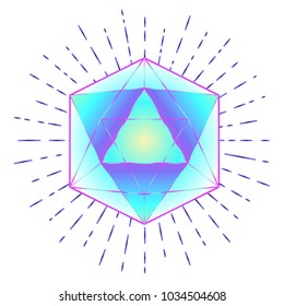 Sacred geometry. Icosahedron line drawing with rays, platonic solid. Blackwork tattoo flash. religion, spirituality, occultism. Isolated vector illustration.