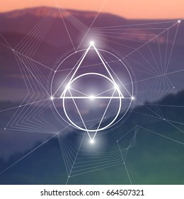 Sacred geometry illustration with golden ratio numbers, interlocking circles, triangles and squares, flows of energy and particles in front of natural photographic background. The formula of nature.