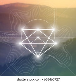 Sacred geometry illustration with golden ratio numbers, interlocking circles and triangles, flows of energy and particles in front of natural photographic background. The formula of nature.