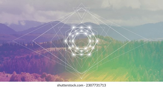 Sacred geometry inspired futuristic illustration with interlocking circles, triangles and rectangles. Science and technology background. Math inspired geometric background. 