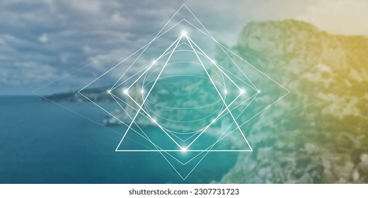 Sacred geometry inspired futuristic illustration with interlocking circles, triangles and rectangles. Science and technology background. Math inspired geometric background. 