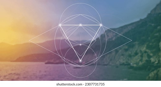 Sacred geometry inspired futuristic illustration with interlocking circles, triangles and rectangles. Science and technology background. Math inspired geometric background. 