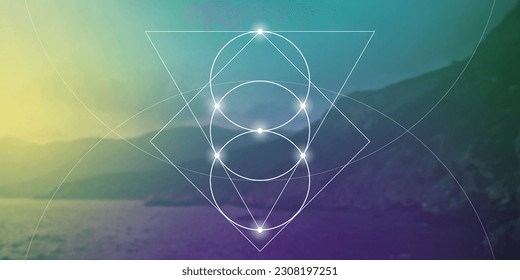 Sacred geometry inspired futuristic illustration with interlocking circles, triangles and rectangles. Science and technology background. Math inspired geometric background. 