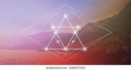 Sacred geometry inspired futuristic illustration with interlocking circles, triangles and rectangles. Science and technology background. Math inspired geometric background. 