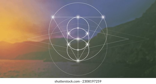 Sacred geometry inspired futuristic illustration with interlocking circles, triangles and rectangles. Science and technology background. Math inspired geometric background. 