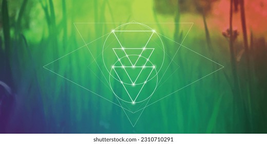 Sacred geometry inspired futuristic illustration with interlocking circles, triangles and rectangles. Science and technology background. Math inspired geometric background. 