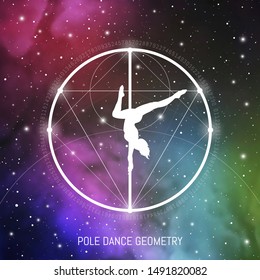 Sacred geometry inspired pole dance illustration with outer space, golden ratio digits and interlocking geometric shapes. Pole dancing science conceptual art. Pole dance geometry.