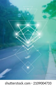 
Sacred geometry inspired vector illustration with interlocking circles and triangles.