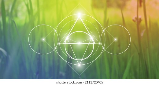 
Sacred geometry inspired vector illustration with interlocking circles and triangles.