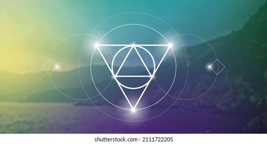 
Sacred geometry inspired vector illustration with interlocking circles and triangles.