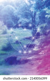 Sacred geometry inspired vector illustration with interlocking circles and triangles.