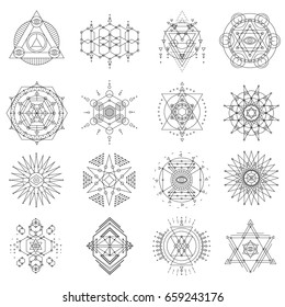 Sacred geometry line art set. Symbolic proportions, esoteric perfection of eye, snow flakes, pine cones, flower petals, diamond crystals. Vector flat style illustration isolated on white background