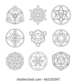 Sacred geometry linear contour elements. Alchemy, religion, philosophy, spirituality, hipster symbols and elements. Vector illustration. Geometric Shapes. 