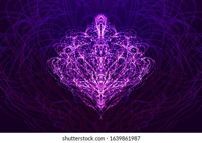 Sacred Geometry Lotus Abstract Flower Glowing Particles Symbol. Abstract Neon Futuristic Background with Sparkles on Dark.