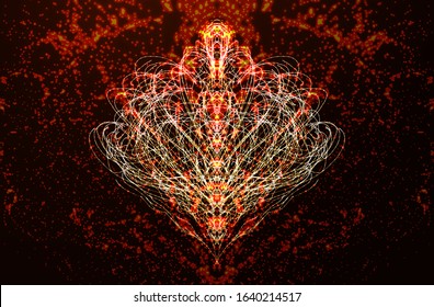 Sacred Geometry Lotus Abstract Flower Glowing Particles Symbol. Abstract Neon Futuristic Background with Sparkles on Dark.