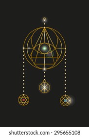 Sacred geometry. Magic eye. Alchemist, Buddhist and Tantric symbol made of white gold with gemstones on black.