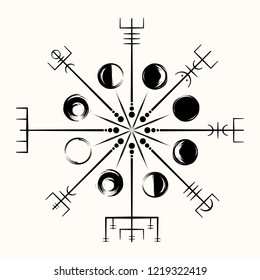 Sacred geometry. Galdrastaﬁr. Magic runic symbols that appeared in the early Middle Ages in Iceland. Is a few; or multiple; intertwined runes. Vegvisir. Moon phases. Magic Navigation Vikings Compass.