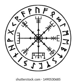 Sacred geometry. Galdrastaﬁr. Magic runic symbols that appeared in the early Middle Ages in Iceland. Intertwined runes. Vegvisir. Magic Navigation Vikings Compass. Runic Talisman. Vector illustration.