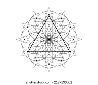 Sacred Geometry magic triangle symbol, third Eye sign. Geometric mystic mandala of alchemy esoteric Flower of Life. Black line art vector circle divine meditative amulet isolated on white background